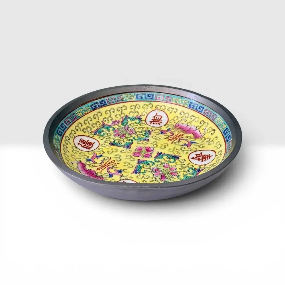 Vintage ACF Pewter Encased Porcelain Bowl Yellow Famille Rose Hong Kong 8 Inch